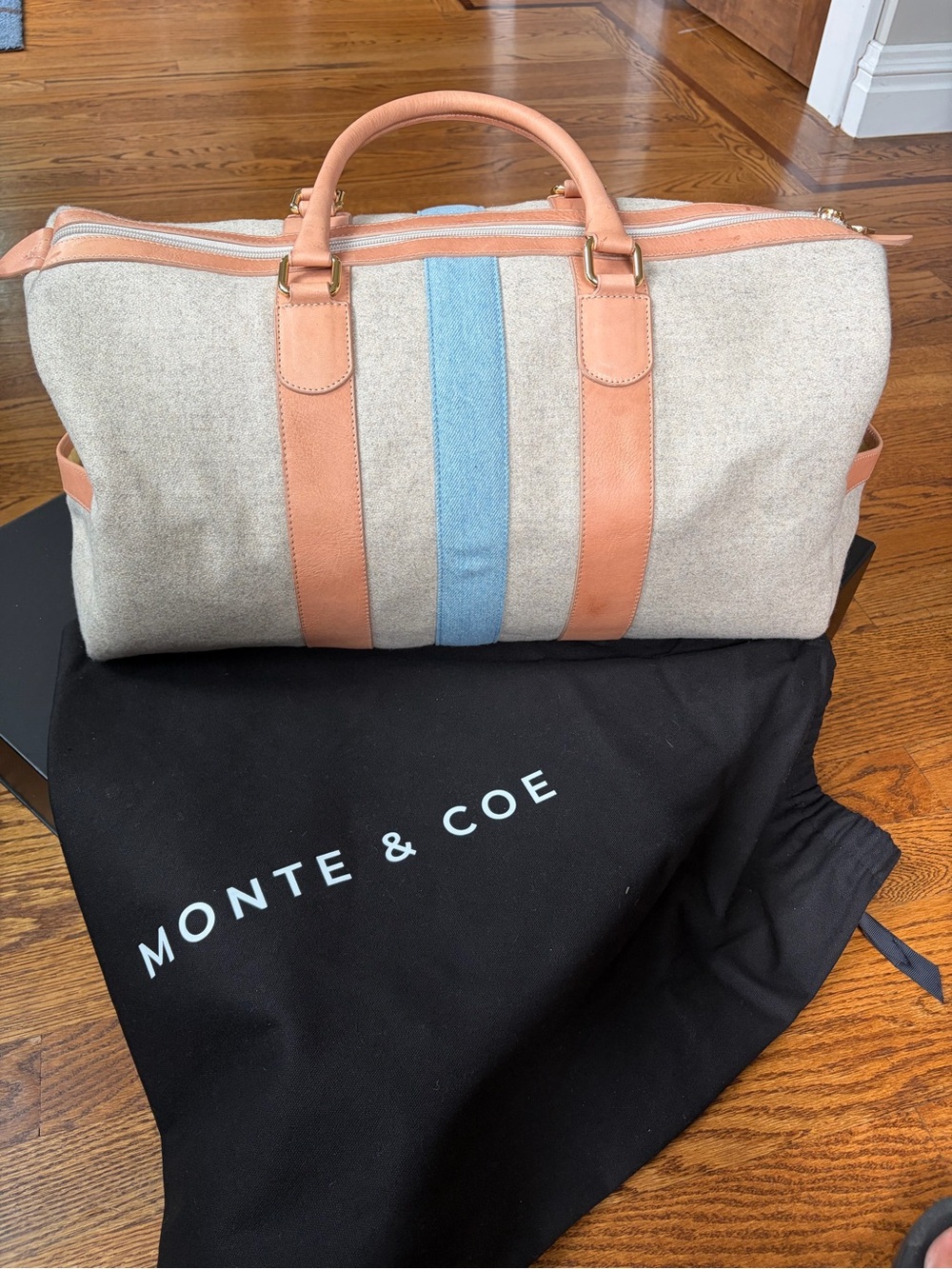 Monte & Coe Beige Canvas and Tan wool and Leather Weekender with Blue Stripe